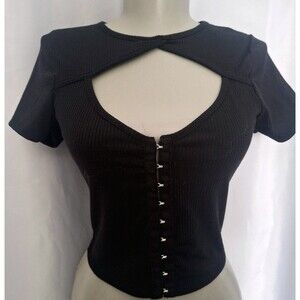 Womens Black Crop Top hook  Front  Coquette whimsy dark academia S XS